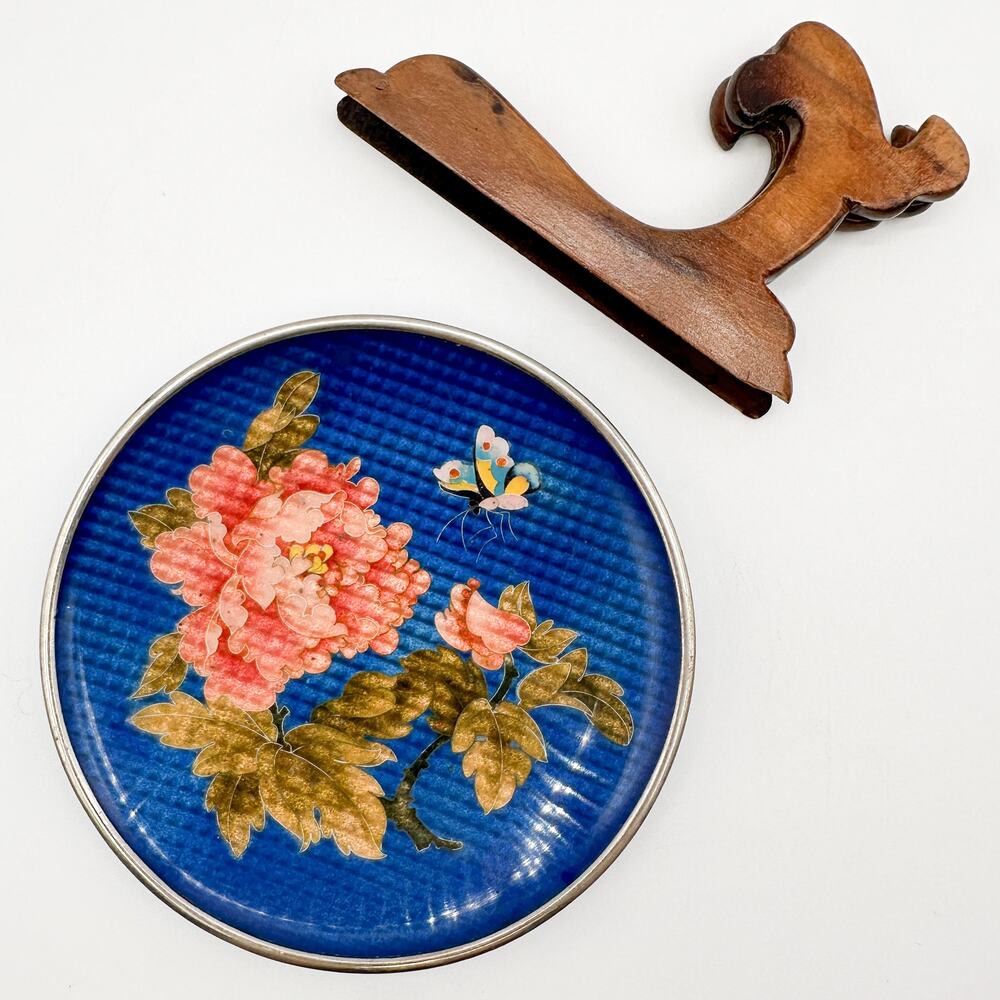 Antique Silver Ginbari Cloisonne Plate Blue Coral Peony Flower Butterfly w Stand - Picture 9 of 13
